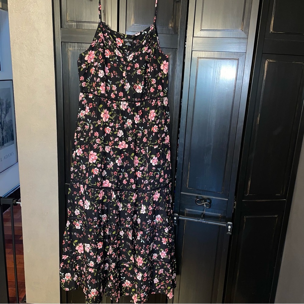 City Chic Black Maxi Dress with Pink Floral Print